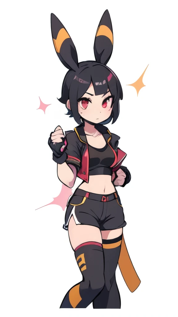 a muscular girl with black hair, umbreon ears, red eyes, wearing a black leather jacket open over a pink sports bra, black microskirt with leggins minishorts, slim waist, small breasts, pixie cut hairstyle, cinematic lighting, detailed face, highly detailed, photorealistic, 8k, vibrant colors, dynamic pose, Fingerless gloves with metal knuckles, ready for fight