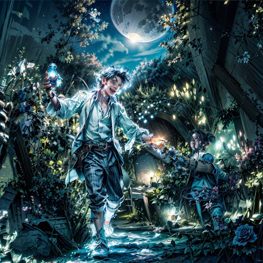 A jolly fellow with a bottle in his hand, dancing in a night blooming garden illuminated by a huge bright shining moon