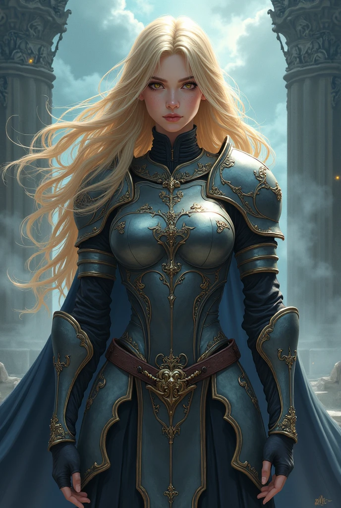 Create an anime-style female knight standing confidently in a medieval cobblestone street. She has long, wavy blonde hair, piercing blue eyes, and is clad in shiny silver and black armor, which is intricately detailed. Her armor includes a chest plate, gauntlets, and greaves, and she wears a flowing black cape. She holds a glowing blue sword in her right hand, which emits a soft light. The background depicts a medieval cityscape with tall buildings, narrow streets, and a soft light filtering through, adding a sense of depth and atmosphere to the scene. The character should exude strength and determination, with a slightly ethereal or heroic aura