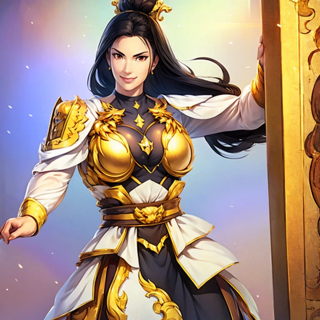 A woman wearing heavy gold-rimmed bronze armor and an ancient Chinese soldier uniform, Wearing dark brown ancient Chinese soldier uniforms, extrusion, Long black hair, Orange Eyes, Smile, Large Breasts,Cleavage in the Jungle Book, Walk in the ancient field, Holding a shield,HDR, masterpiece, Clear definition, Super Resolution, high quality, 8K HD. (Just a woman, Solitary)