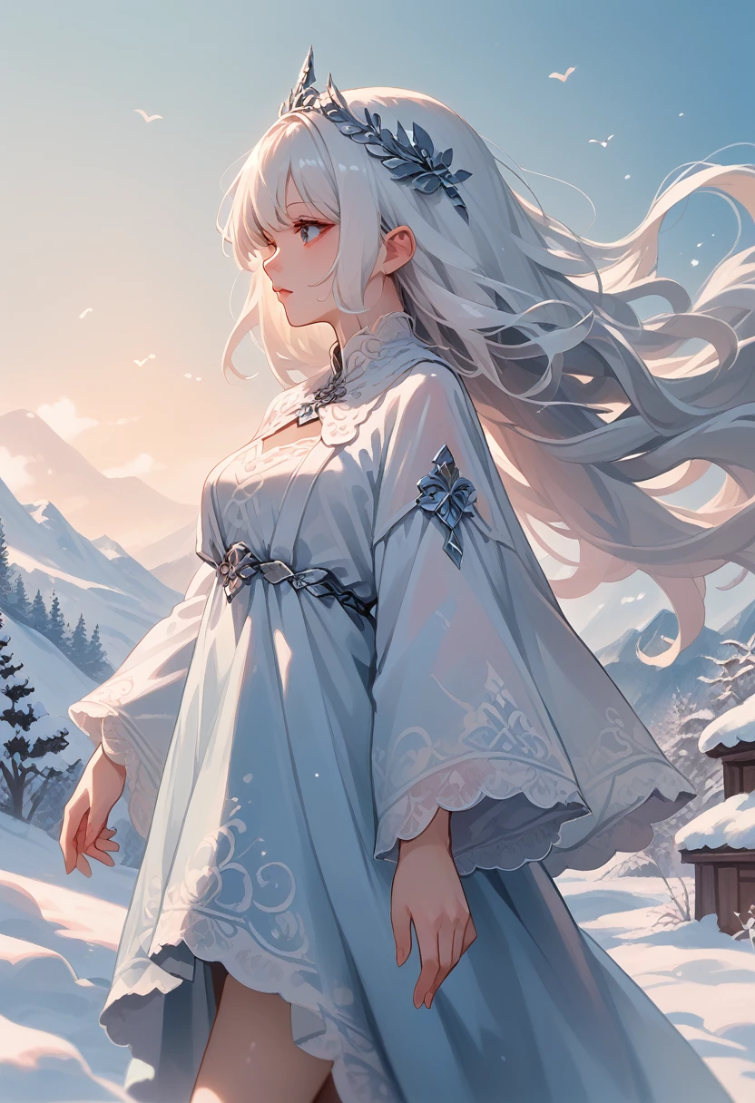 Anime girl with long white hair and blue dress in the snow, White-haired God, White hair floating in the air, Anime fantasy illustration, Loose grey hair, Beautiful young spirit of the wind, Beautiful fantasy anime, Shiny, flowing hair, Ethereal Anime, Beautiful anime works, Beautiful digital images, Anime fantasy artwork, ((Beautiful Empress Fantasy)), 2. 5 d cgi Anime fantasy artwork