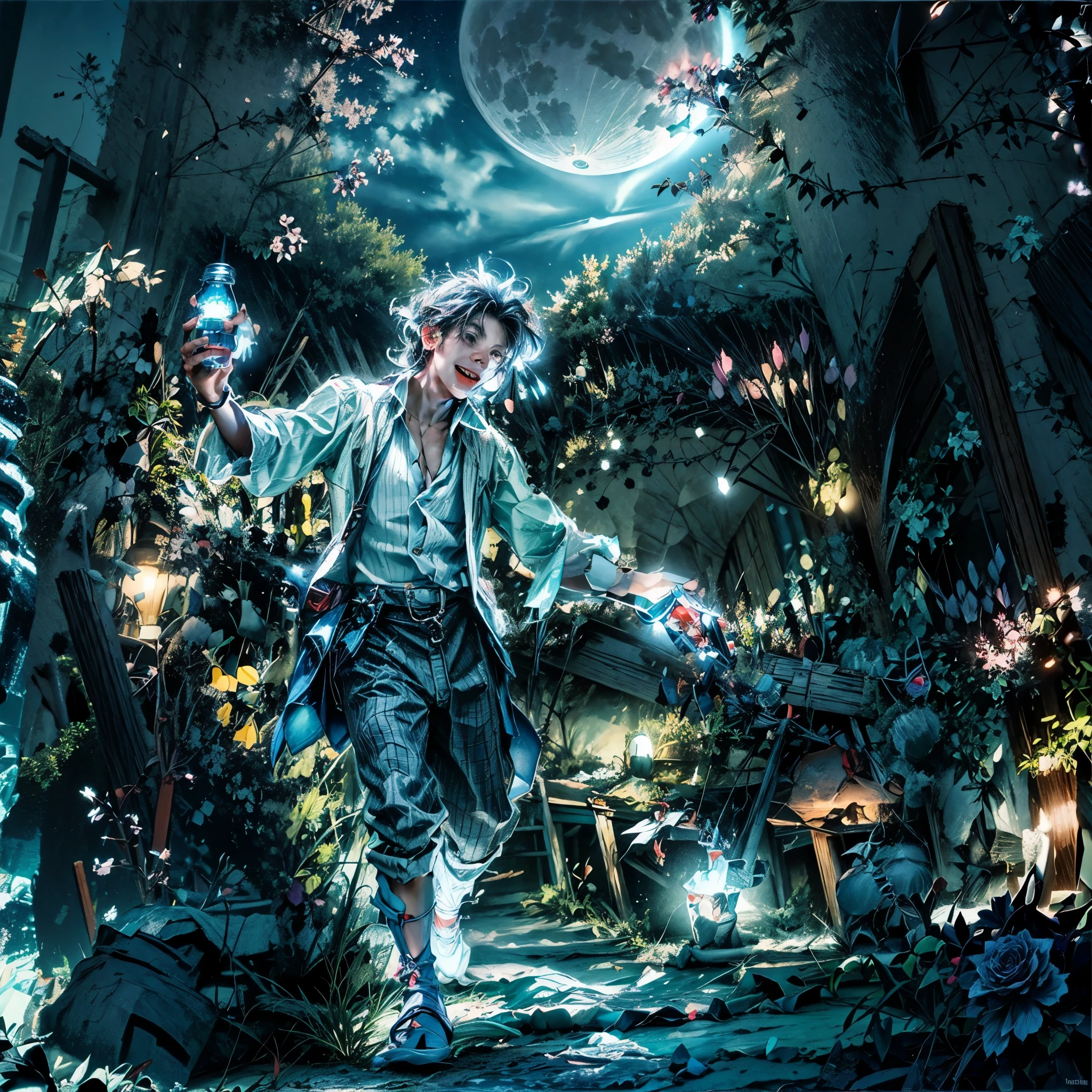 A jolly fellow with a bottle in his hand, dancing in a night blooming garden illuminated by a huge bright shining moon