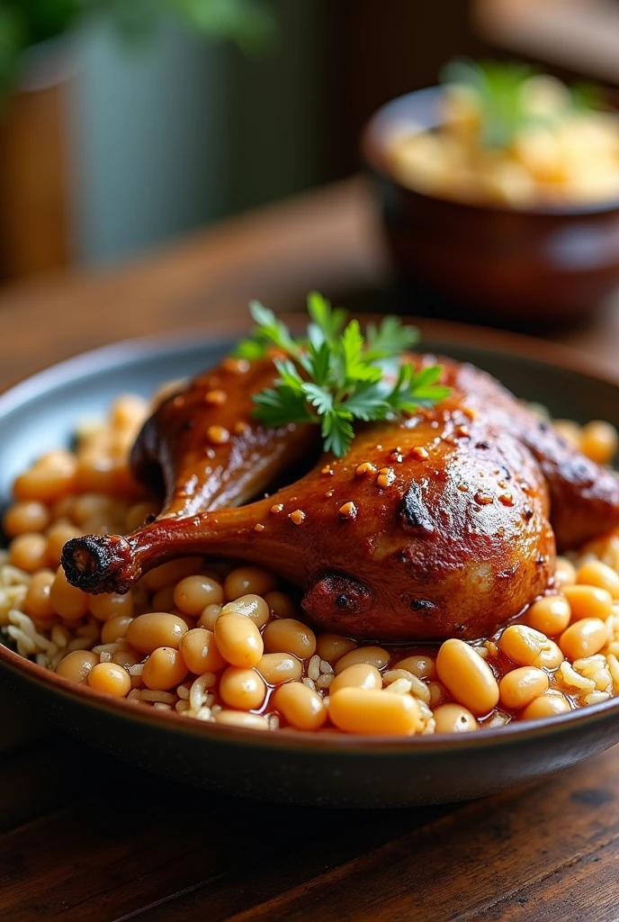 Stewed duck, Accompanied with boiled rice and beans.