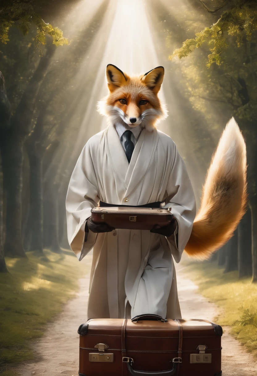 A photorealistic portrait of a fox playing the role of a Zoologist(holding valise:0.6) in a breathtaking moment with a heavenly transition, a luminescent movement in the background, robe lumineuse, light suit, assis derrière le bureau, valise, papers, Lunettes de soleil noires, uhd, detailed and complex, 8k, best quality ever seen, head of&#39;artwork, Super detailed, creativity unleashed, au delà de l&#39;imagination, dramatic light in a laboratory