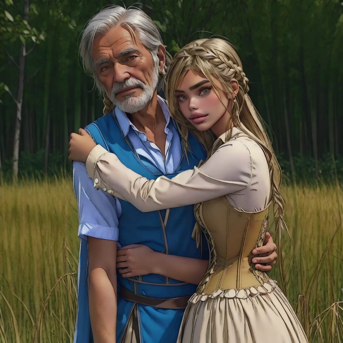 slmn sara sampaio,1girl, skinny,  petite, blonde, masterpiece,best quality,highres,ultra-detailed,aadarjeeling,braid,bangs,medieval, peasant dress,corset,outdoors,standing,:smile, from side, (old_man behind, old_man hugs girl from behind, old_man grabs girl)