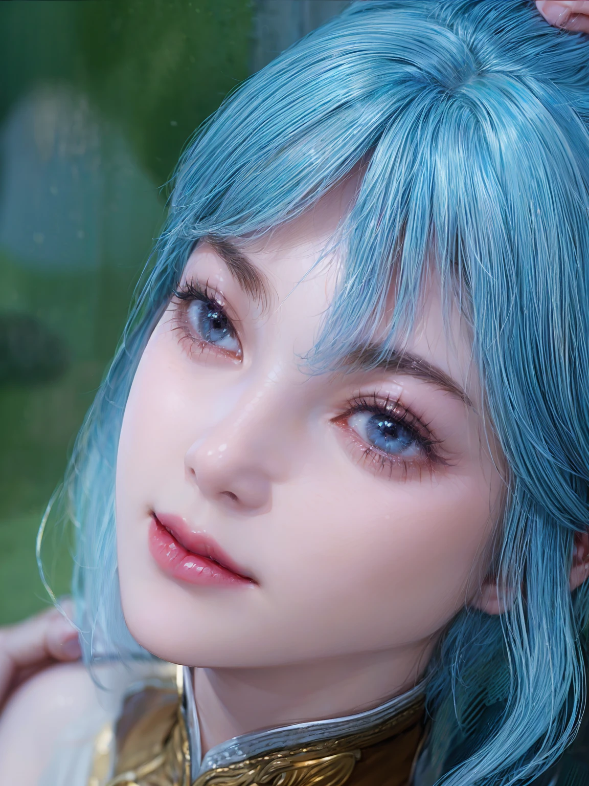 (Masterpiece, Best quality, Ultra-detailed, Best Illustration:1.3), 1girll, (Slime girl:1.4), (Transparent:1.3), (See-through:1.4),Sitting, ，No clothing，(refractions,Reflection:1.2) , transparent face, Transparent body, Transparent skin, sunshine day，water blue，Spring water background