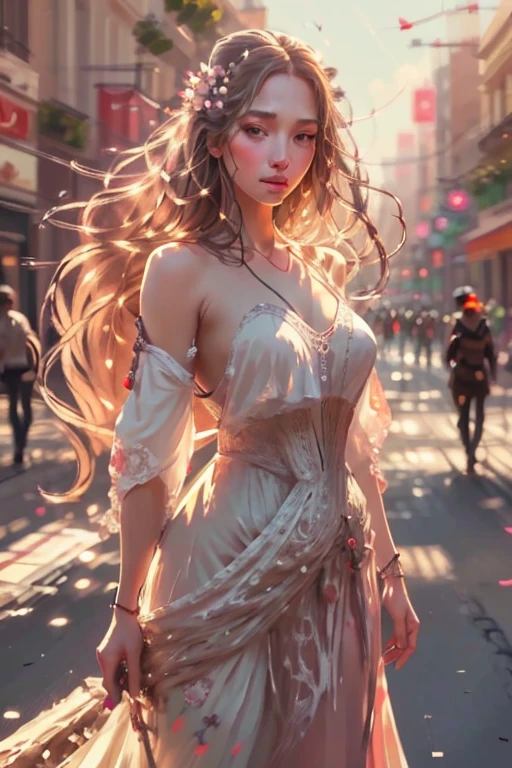 Digital painting, A naked woman, standing in street, long flowing hair, detailed face, detailed eyes, detailed lips, detailed nose, painting style, brush stroke