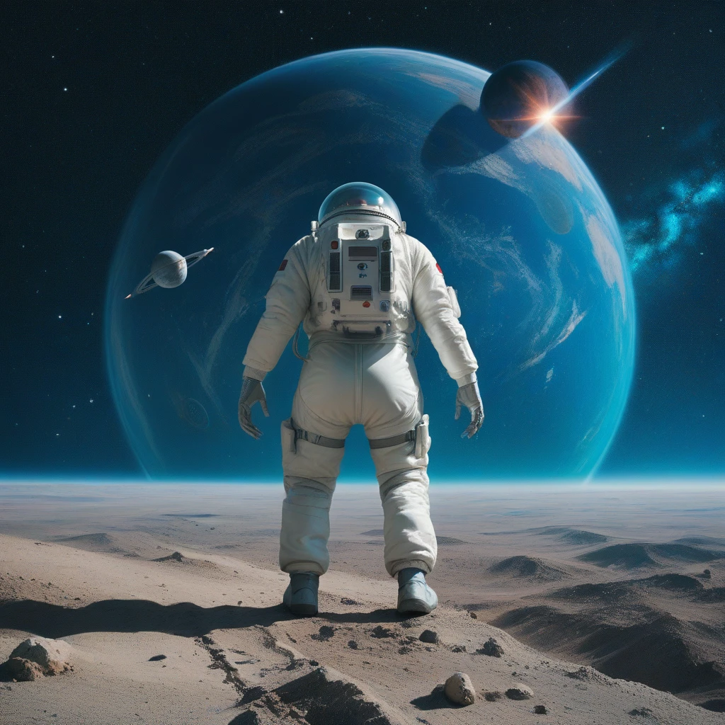 Great Space, blue haze, In the foreground is an astronaut in a transparent spacesuit, A lot of tubes, hydraulic limbs stick out from behind,  myriad star, plexus of galaxies, gradient of colors and shades, planets, comets, Maximum detail, high quality, realistically