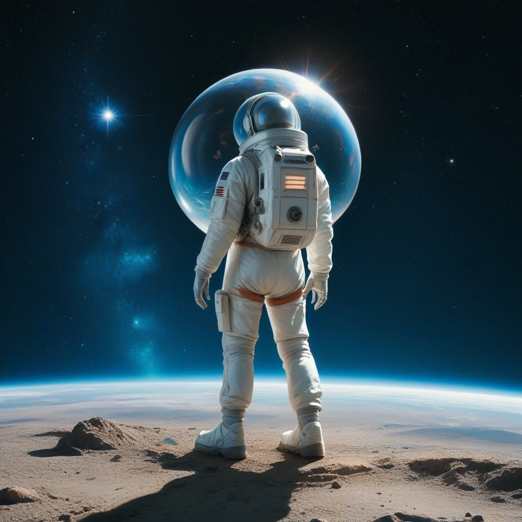 Great Space, blue haze, In the foreground is an astronaut in a transparent spacesuit, A lot of tubes, hydraulic limbs stick out from behind,  myriad star, plexus of galaxies, gradient of colors and shades, planets, comets, Maximum detail, high quality, realistically