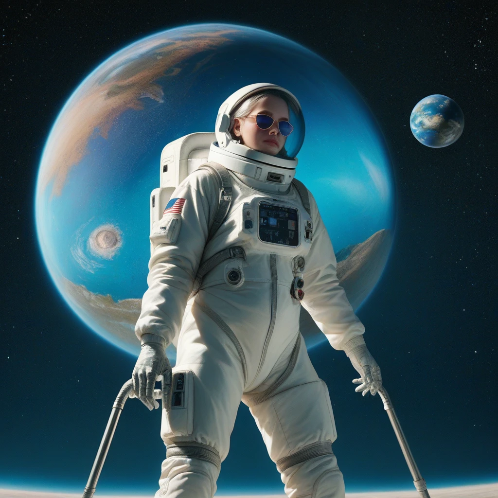 Great Space, blue haze, In the foreground is an astronaut in a transparent spacesuit, A lot of tubes, hydraulic limbs stick out from behind,  myriad star, plexus of galaxies, gradient of colors and shades, planets, comets, Maximum detail, high quality, realistically