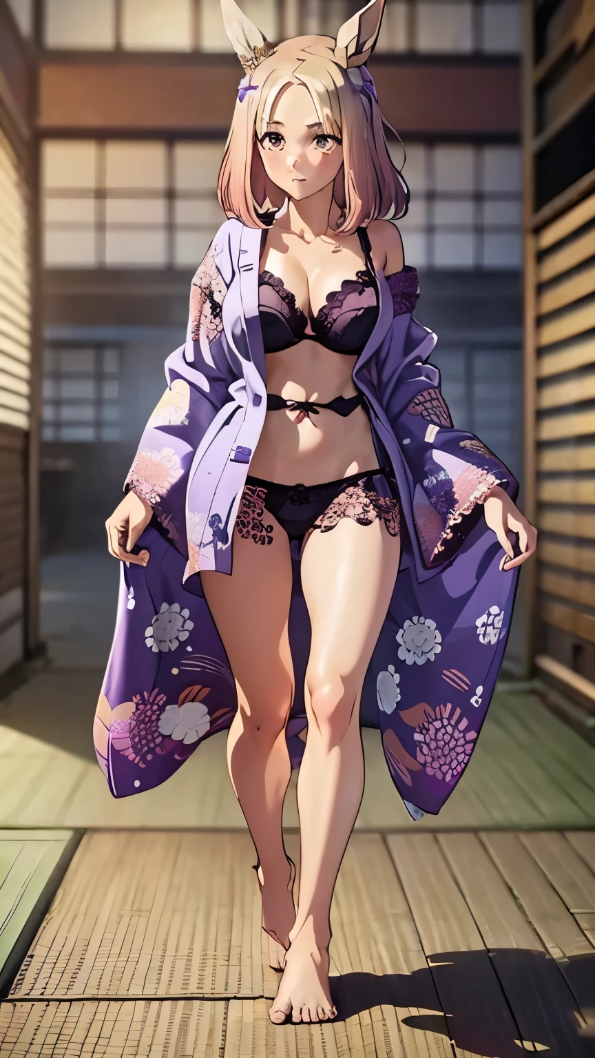 ((Narita Top Road \(Umamusume\))), nsfw, (masterpiece:1.2, Highest quality), 8k, High resolution, Very detailed:1.3, (CG), (Earrings 1.5), One girl, (full body:1.7), (full shot:1.7), (purple long yukatat:1.5), (purple long kimono:1.5), (undressing:1.7), (undressing clothes:1.3), (undressing yukata:1.4), (she is almost undressed yukata:1.4), (grabbing yukata:1.7), Detailed eyes:1.3, (purple bra:1.3), (lace bra:1.5), (purple panties:1.3), (lace panties:1.5), (Detailed panties:1.4), Detailed feet:1.1, Beautiful left foot, Beautiful thighs, (Slim figure, Big round, Firm breasts), barefoot, (In a Japanese-style room:1.3), Detailed hands:1.1, Detailed arms:1.1, (shy:1.3)