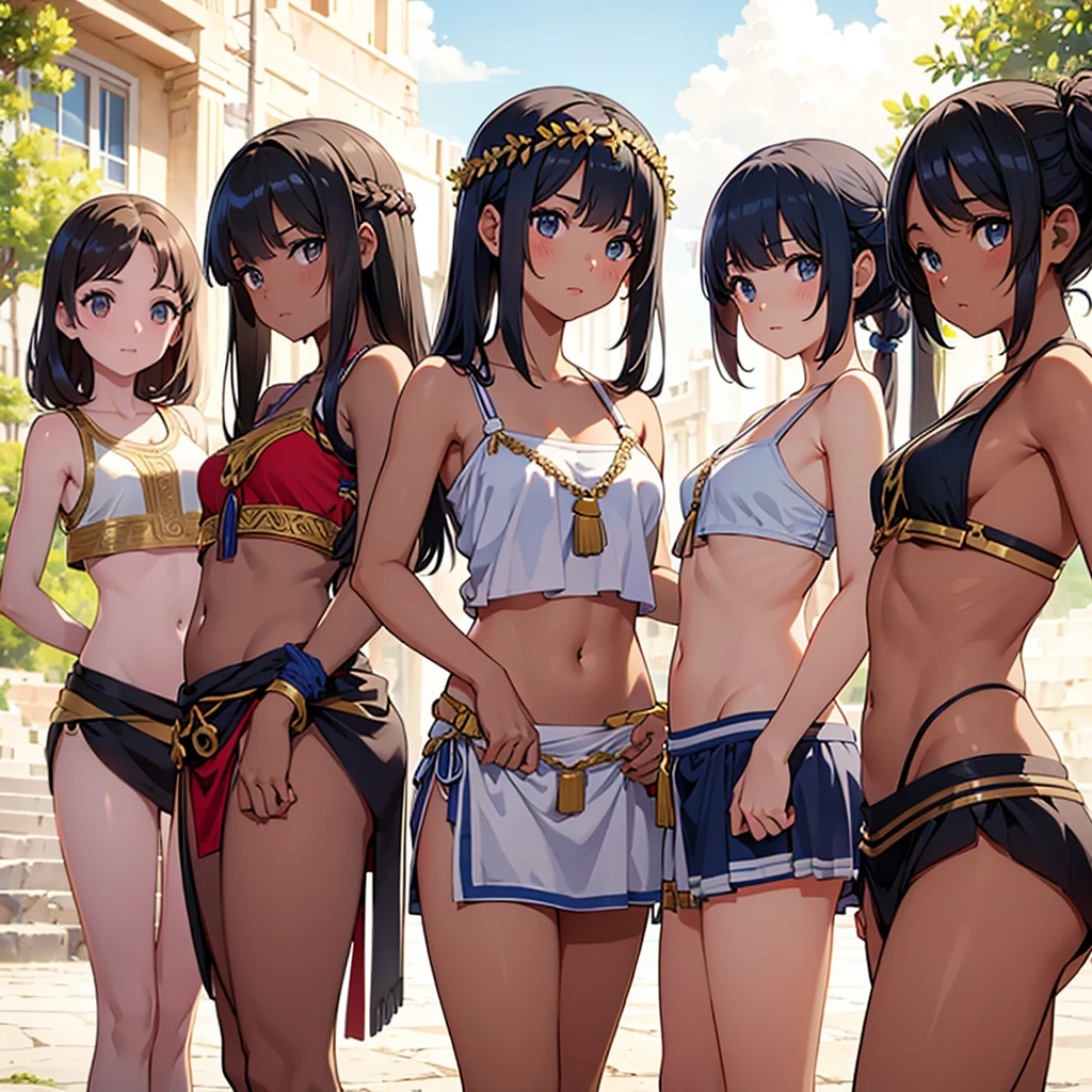 a group of pretty Greek warriors looking from behind, showing their butts in a flirtatious way, smiling , muscular teen girl , small breast , marked abdomen, ,brown skin, ancient Greece, classical Greece, black armor ,slim body, defined abdomen , warrior woman, l ight armor, black hair, breasts, navel, blue eyes, looking at viewer, outdoors, smile, armlet, cleavage, open mouth