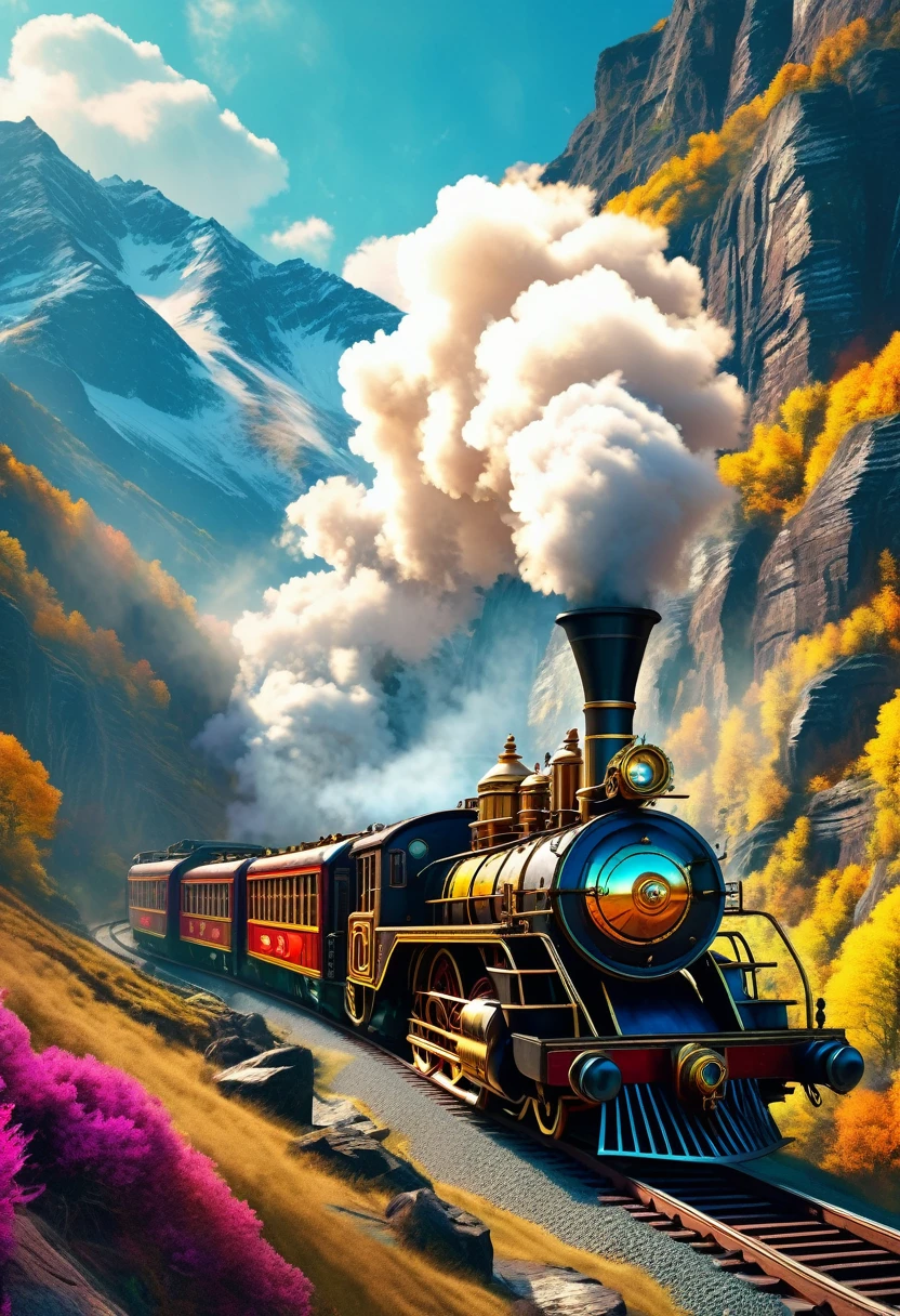 steampunk style, atmospheric beautiful train, rides in stunning mountain landscape, mountain gorge, bright color palette, high detail