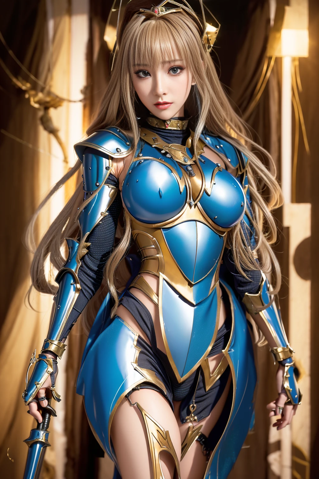 Super Detail, High Detail, high quality, best quality, High resolution，a female knight，beautiful female knight,beautiful clear face(Rain waves_haneame：1.5)，beautiful perfect body(Perfect proportions for the whole body，body curve，Large size chest，Western knight style)，knight armor