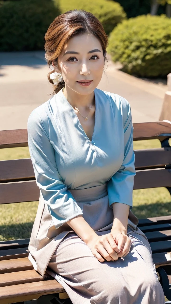 (Masterpiece:1.3), high resolution, Ultra detailed, Extremely detailed Cg Unity 8K wallpaper, Realistic, photo-realistic, RAW photo, Beautiful detailed face, Pale skin, realistic glittering skin, Detailed cloth texture, Detailed hair texture, Perfect body, Beautiful face, Accurate, Anatomically correct, Highly detailed face and skin texture, Natural neck length, (Beautiful hands), (Fair skin:1.2), Thin legs, Thin feet, (The teeth are arranged neatly:1.1), Sweaty skin, 
Break, 
Detailed eyes, symetrical eyes, Light brown eyes, Double eyelids, Thin eyebrows, (Glossy lips:1.4), ((pretty smile:1.2)), (Blush:1.1), (Sparkling little hair ornaments:1.1), 
Break, 
(An elegant girl:1.3), (Wearing (Dark blue yukata:1.2) There is a white flower pattern), 
Break, 
Large breasts, Slender figure, Firm Abs, 
((updo-hairstyle, dark gold hair, Wavy hair, Long hair, asymmetricalbangs:1.2)), (Close-up Shot Shot:1.2), (Look sideways at the audience:1.1), From next to me, 
Break, 
((sit on stairs，Gently lift your chin in Odaiba:1.2)), ((Super huge colorful fireworks bloom in the night sky:1.2)),