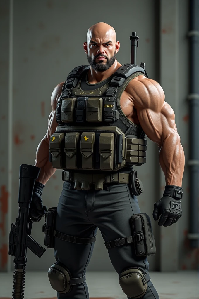 A tall man, Youngh, chunky, with sculpted muscles, deep scars, black hair, kept short,, and his stubble adds a hardened look, eyes browns,He wears tactical armor, but simple, preferring agility and functionality over appearance.