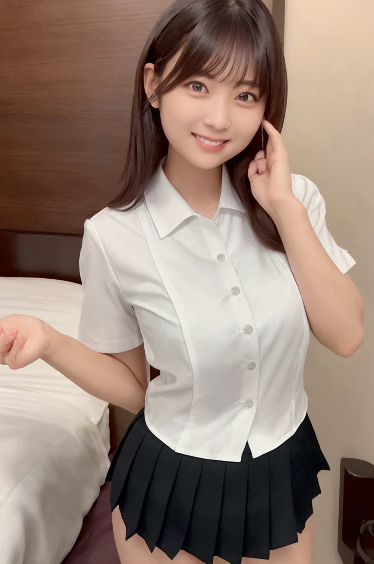 Best image quality、8k、Cafe staff、No underwear((Standing with open legs))((She lifts her skirt to show her pussy))The viewer is happy just to see her pussy((Collared shirt、skirt))、Black Stockings、Beautiful legs、thin、Japanese women、Provocative smile、High resolution、Cafe、Straight hair、23 years old、Big eyes、Kamimei、Cafe staff、((Thin girl))(thin and beautiful legs)(Highly detailed face)(Wearing an apron)(((Bend your knees and squat)))Shoot from below(Looking up at the pussy from a low angle)Shaved、Looking straight at the camera