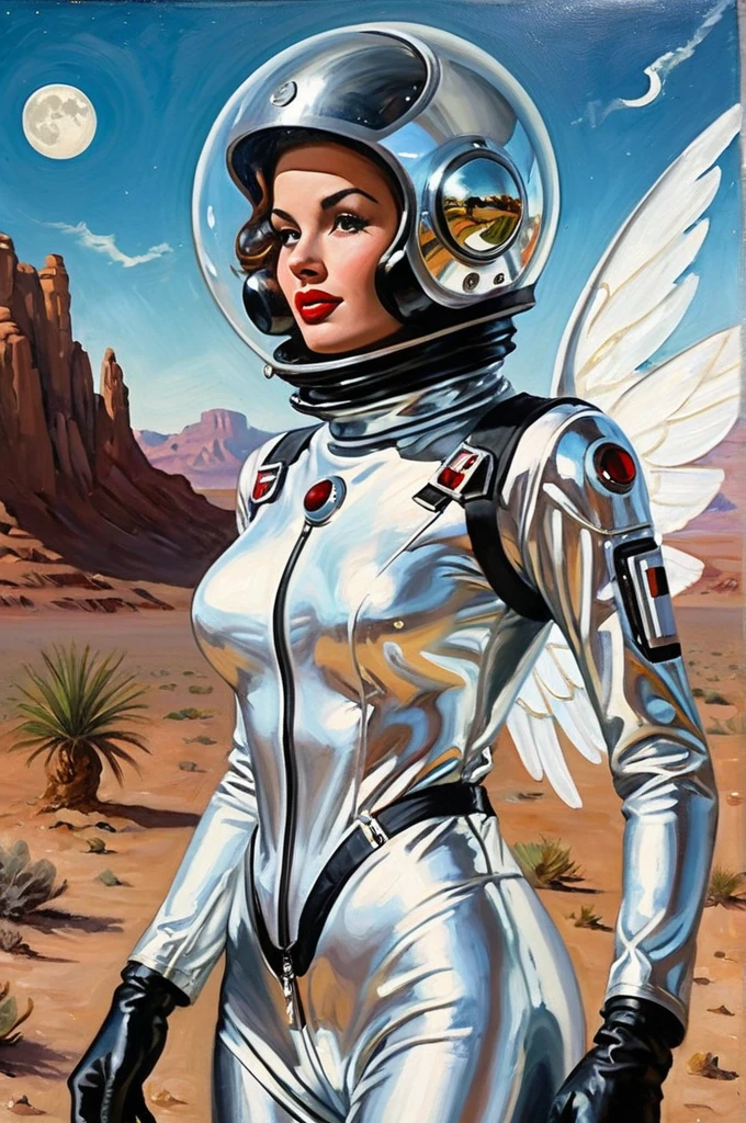 a close-up portrait painting of a 50s scifi woman wearing a polished aluminum suit standing in a desert moon landscape with a jetpack, a glass dome helmet, perfect hair
(AtompunkSDXL), white angle wings behide