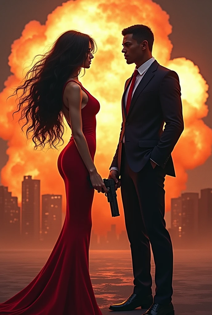 Spreen in a white dress shaking hands with Rivers at an important business meeting while everything behind collapses and an atomic bomb appears behind the window
