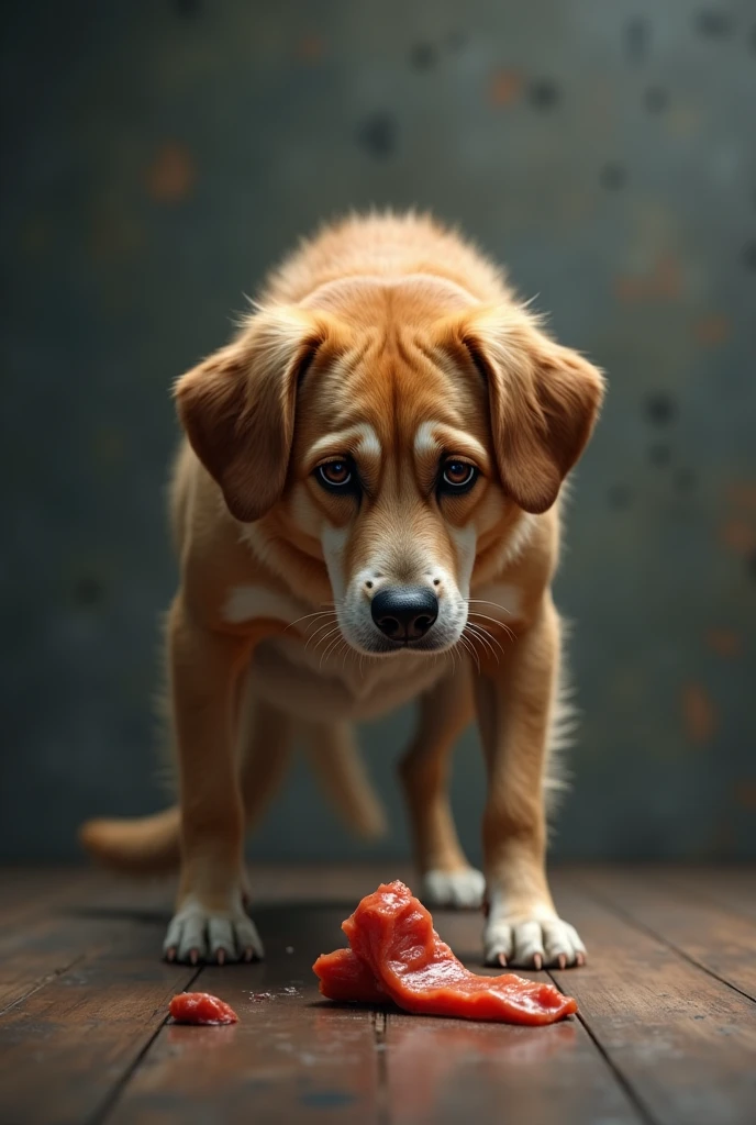 The dog is sitting in front of the meat and the dog is salivating with its lips