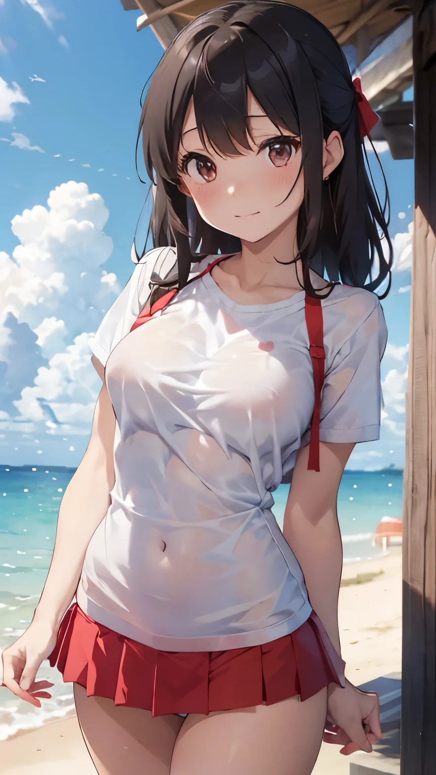 Shiba Miyuki、Her white shirt is showing through、Big breasts pushed together、Red Front Hook Bra、Ultra short mini skirt in white、Panty shot、Cute bright red string panties、Sandy beach, sea, blue sky and cumulonimbus clouds