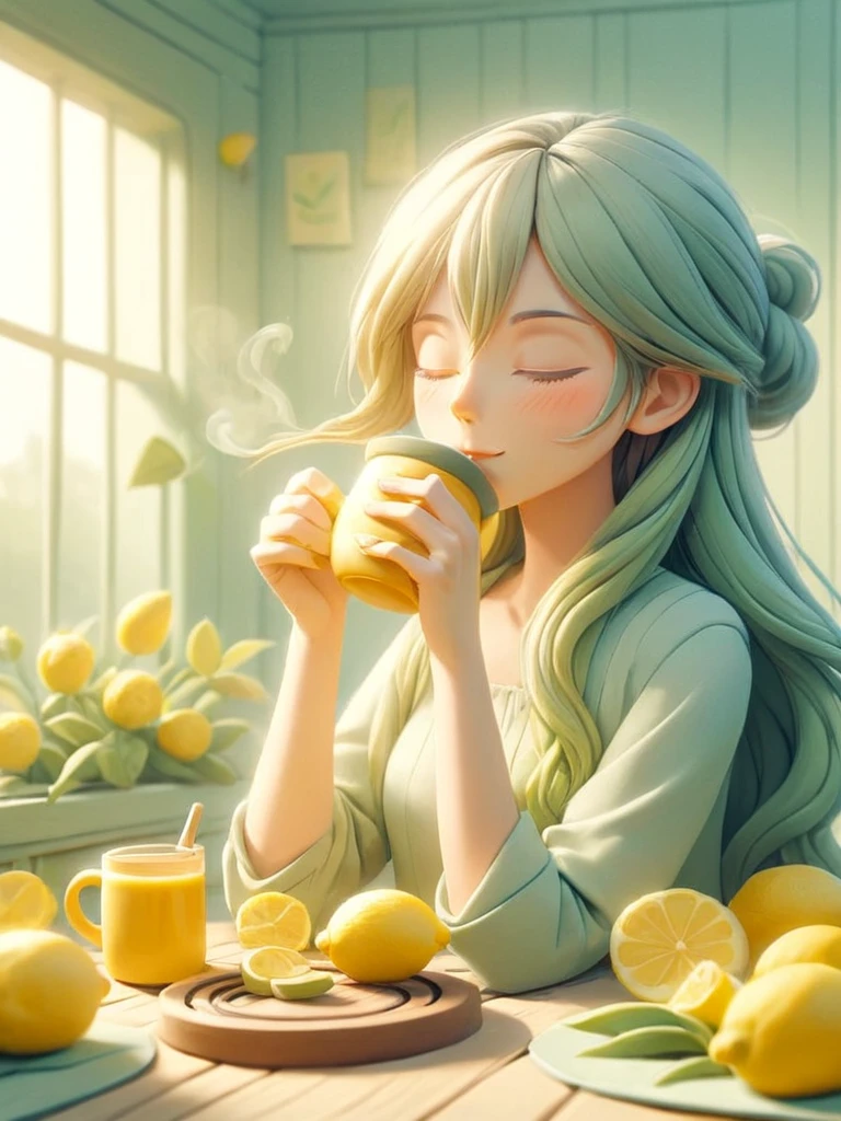 Image of a woman drinking lemon tea with her eyes closed, feeling the aroma of the tea, ais-hppycly