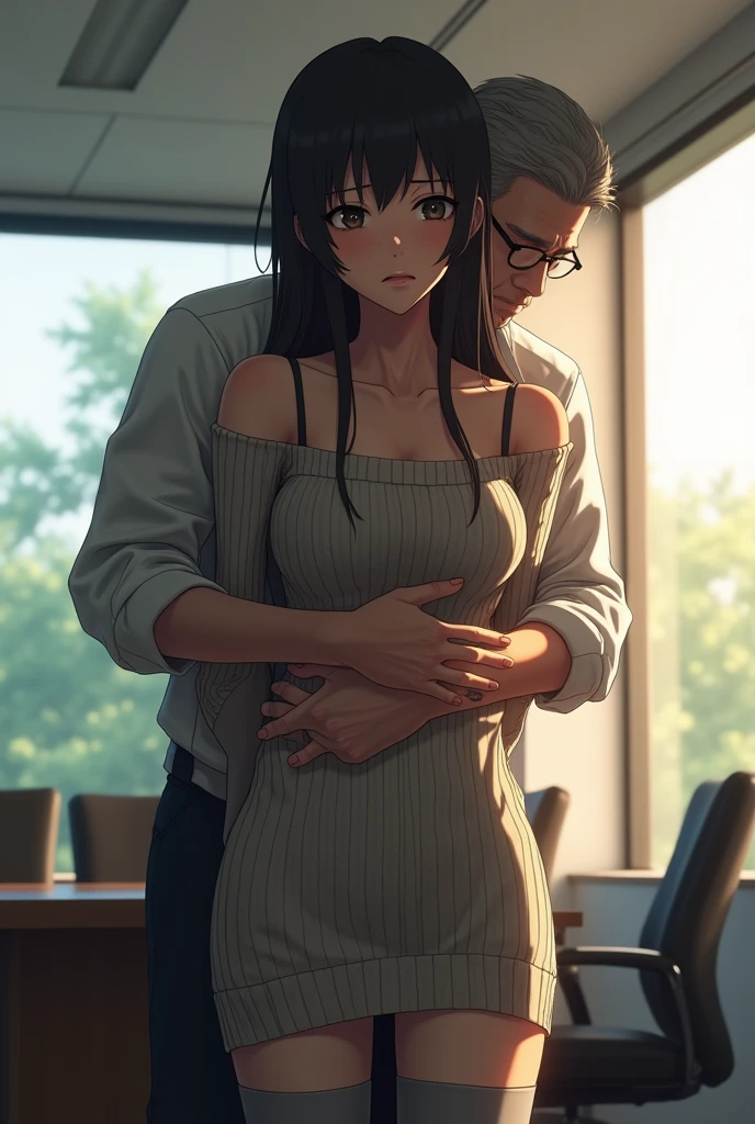 NSFW, (((masterpiece, best quality, Photo realistic))), (shiny skin), (UHD, 8K wallpaper, High resolution), Perfect anatomy, Cinematic lighting, physically-based rendering, award-winning, extremely detailed skin, extra detailed face, eyes with beautiful details, Carl Zeiss 85 mm F/1.4, (1 man and 1 girl, couple:1.5), Cute 16-year-old Japanese schoolgirl, sitting on the chair, (black hair, short bob cut, brown eyes, round face), medium breasts, wet school blouse with ribbon, navy pleated Skirt lift, navy high socks, (noseblush, naughty, half opened eyes, drooling), spread legs, thigh focus, in the classroom, blue hour, (1 man is an old man, an old man is hugging the girl from behind:1.5), an old man is wearing business suit, (an old  man touches girl's panties:1.5), [full body shot], shot from below,