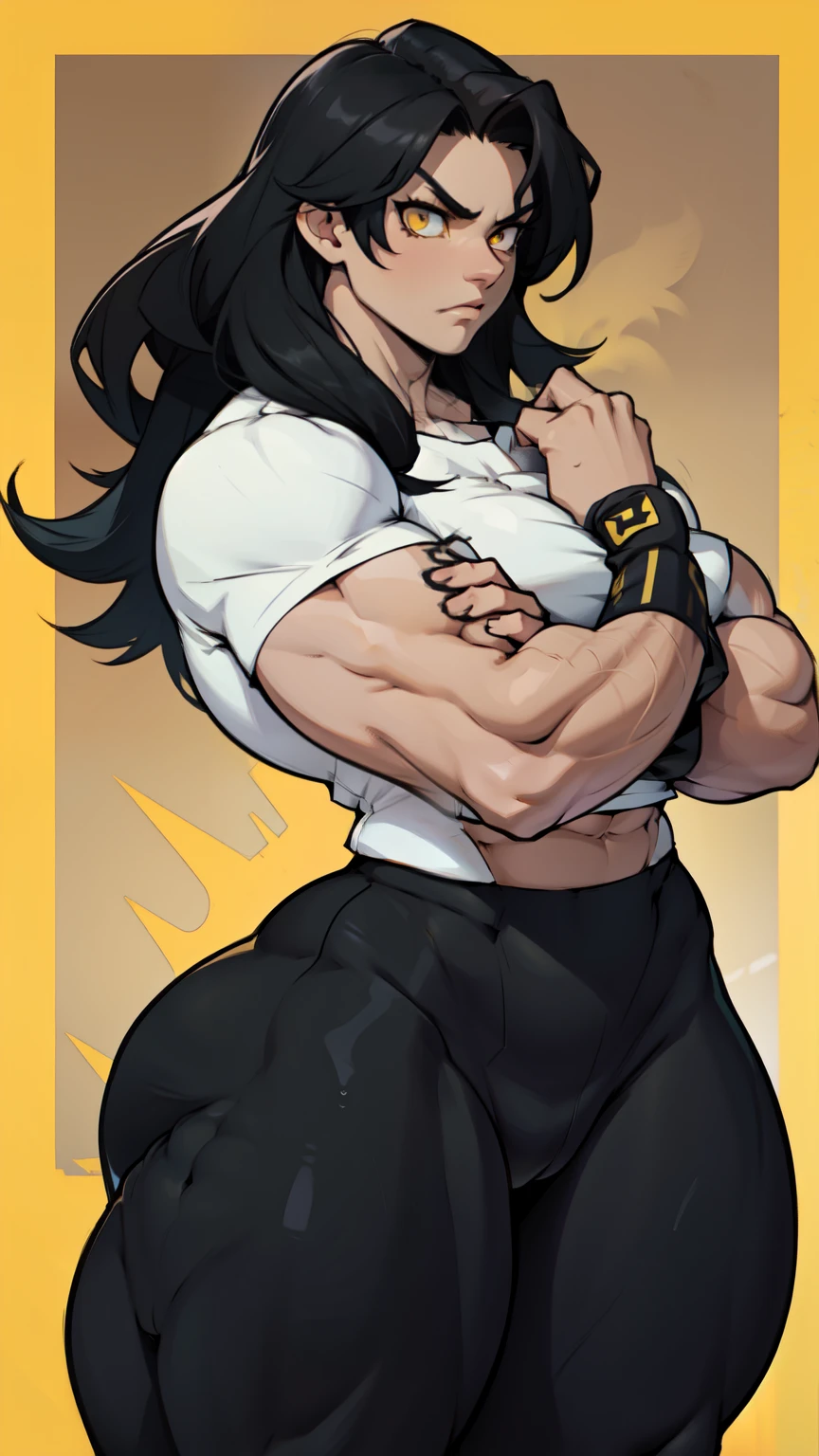 pale skin ((1 girl muscular toned body bodybuilder curvy wide hips thick thighs)) ((grey background)) black hair yellow eyes (very long hair) angry (solo) standing tight shirt tight pants arms behind head
