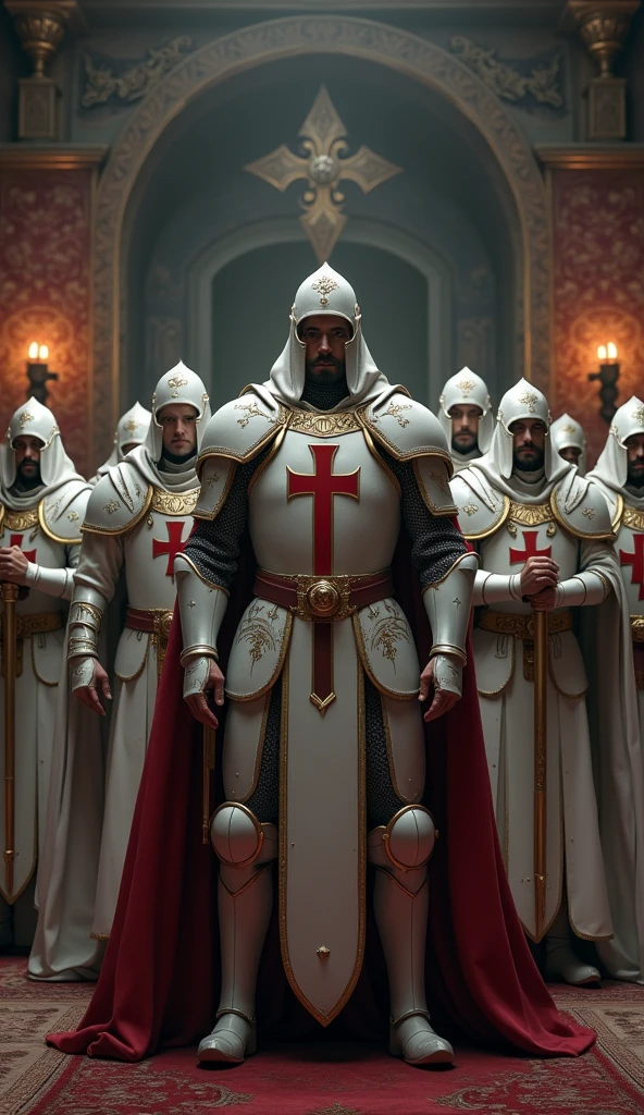 modern soldiers blending with templar armor , gray steel chainmail uniform , modern hood modern white vest with a red templar cross,modern military boots In a meeting room with religious and political leaders at a summit, highlighting the influence of the Templars on modern politics.