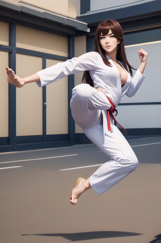 Karate upper turn kick, dignified looking girl, anime style, accurate detailing,