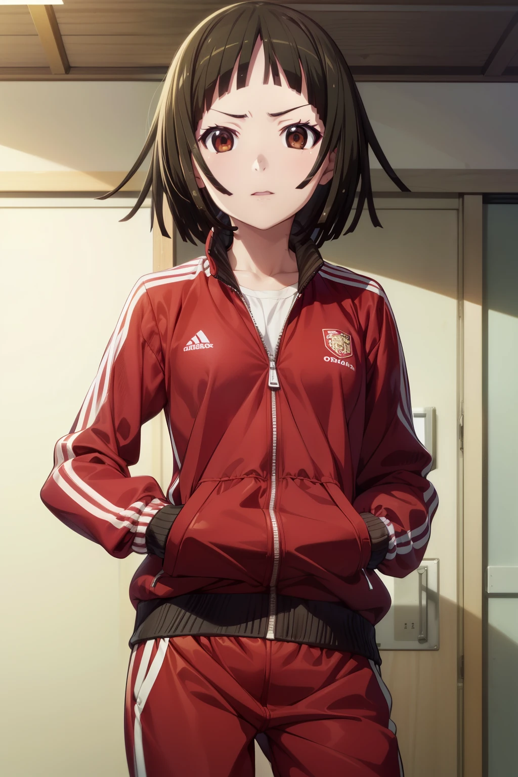 masterpiece、Highest quality、High resolution、Detailed face、(anime、anime塗り、animeカラーリング、RAW Photos、Bakemonogatari、official),nadeko01, short hair, blunt bangs, brown hair, brown eyes, track jacket, track suit, track pants, red pants, red track suit,Simple Background