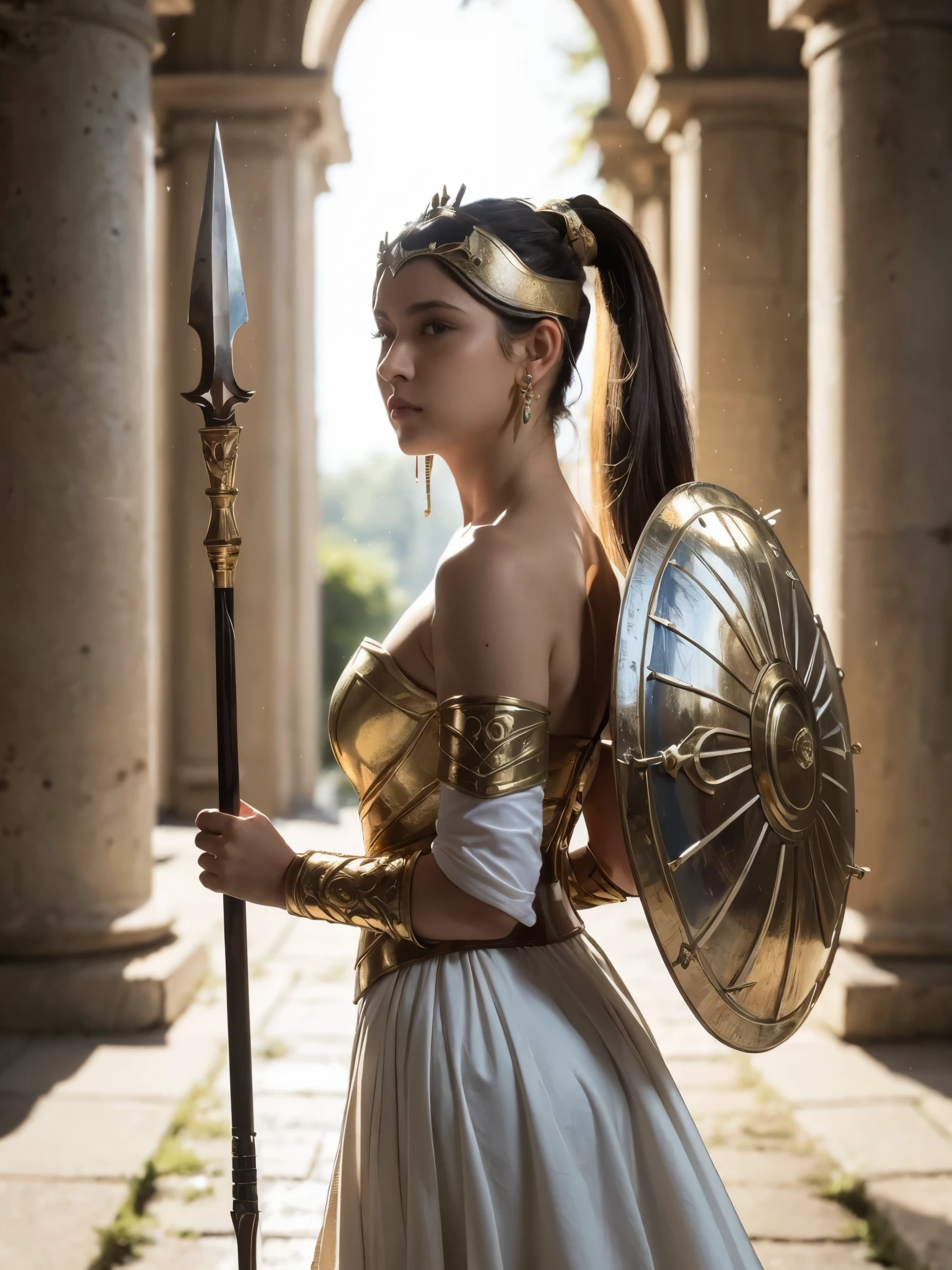 girl, from side, (large round shield:1.2), strapless tube armor, white draped robe, holding spear, (long spear:1.2), long skirt, shoulder guard, solid plate headpiece, high ponytail, tyndall effect, detailed face, looking at viewer, earring, sharp focus, backlight, greek pillar, golden hour, blurry background bokeh, smoke-filled details,