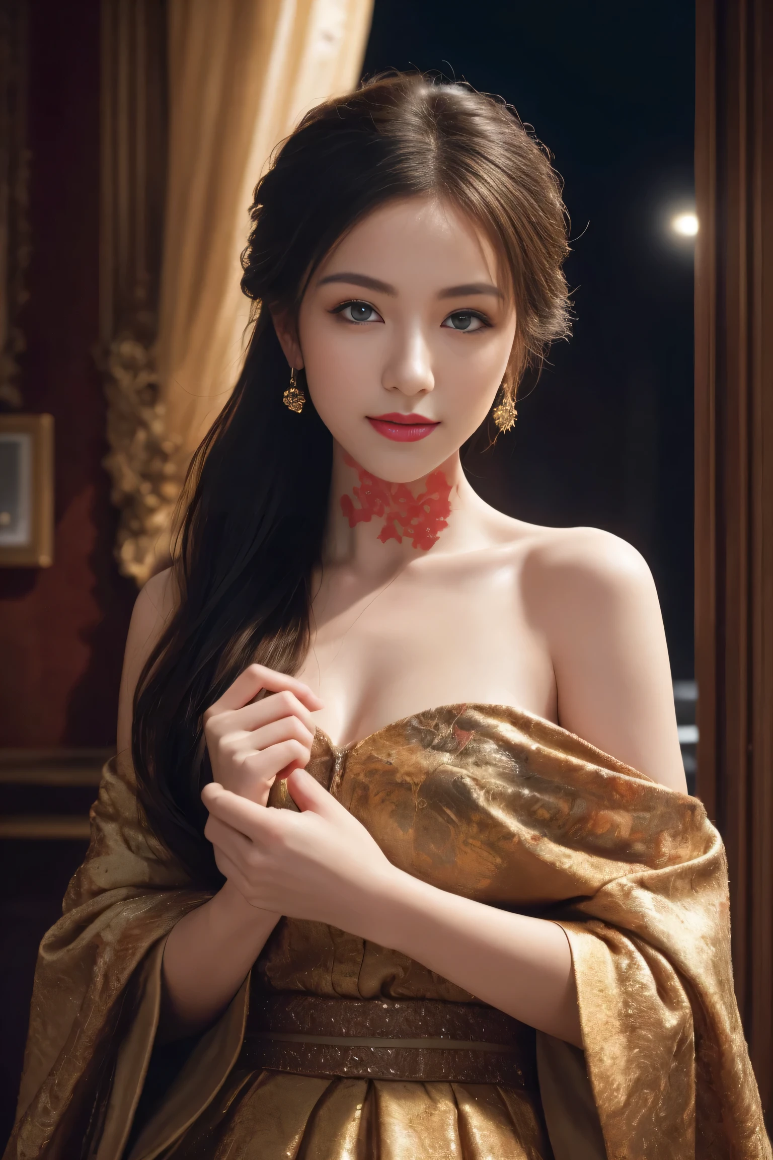 (1 girl in:1.3), (Ultra actual), (highly detailed eyes, highly detailed hair, The facial details are very rich, Delicate and plump lips), naked, (Off the shoulders), breast, Upper body, a happy expression, (best quality:1.4), original photo, (actual, photo-actual:1.37), Professional photography, film light, indoors, (brave dragon wallpaper, Amazing Dragon Wallpapers, Dragon Painting Wallpaper:1.4)