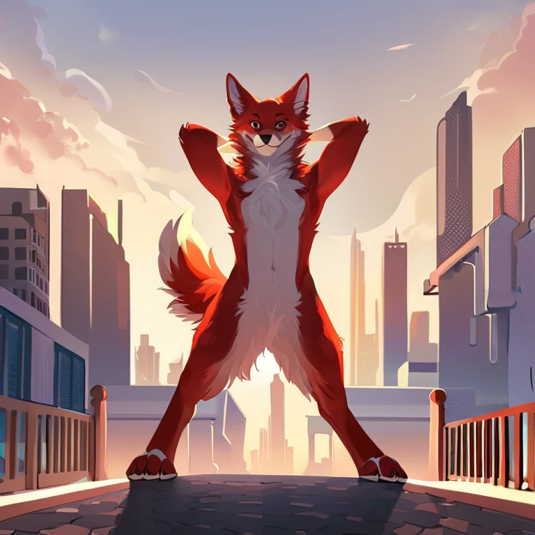 Solo, male, furry art, maned_wolf, fursona, ((canine)), (((brown primary fur))), white secondary, (perky ears), cool pose, city background, amazing art, masterfully executed, beautiful background, normal body, paws.
