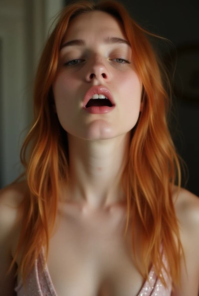 A thin white girl with blue eyes, a refined face, red hair, and very large breasts with freckles, sucking a dick