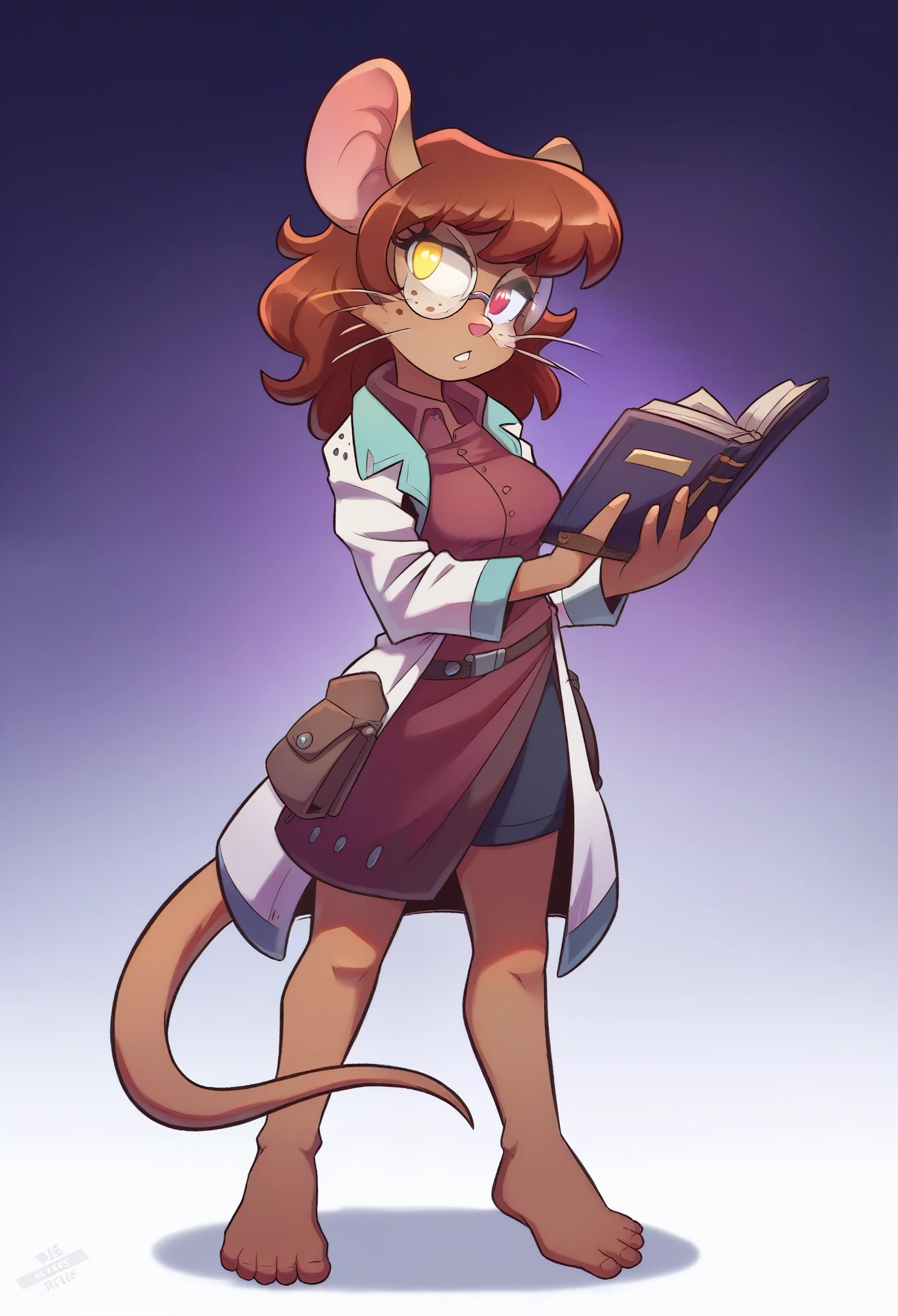 A smart and nerdy, yet cute young woman with dark chocolate brown skin stands confidently while holding a book. She is dressed in a delicate lab coat that drapes over a red undershirt, creating a subtle but vibrant contrast. Her face is framed by soft, slightly wavy hair, and she wears a pair of adorable round glasses, enhancing her intelligent appearance. Her eyes exhibit striking heterochromia, with her left eye being a bright amber and the right eye a deep red. Adding to her unique charm, she has soft, mouse-like ears peeking through her hair, a slender tail playfully swaying behind her, and subtle whiskers on her cheeks. She exudes a vibe of curiosity and intellect, her posture relaxed but engaged, as if she's always ready to dive into her next scientific discovery. detailed face, extremely detailed eyes, masterpiece, 4k, 8k, high-res, ultra-detailed, physically-based rendering, vivid colors, studio lighting cinematic lighting, dramatic lighting, dramatic composition, dynamic pose, volumetric lighting, Nice ass, B-cups, Cute breasts, shapely figure, Serious expression, glowing eyes, barefoot, freckles, Full Body