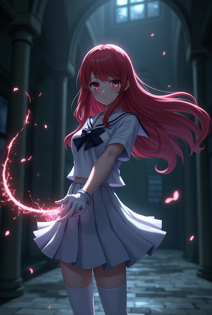 (masterpiece), 1girl, yoru, red eyes, long sleeves, pinafore dress, skirt, close shot <lora:csm_yoru:0.7>