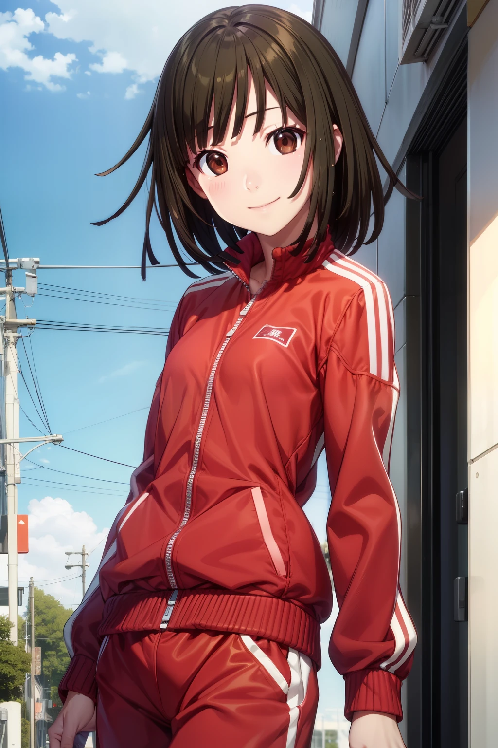 masterpiece、Highest quality、High resolution、Detailed face、(anime、anime塗り、animeカラーリング、RAW Photos、Bakemonogatari、official),nadeko01, short hair, blunt bangs, brown hair, brown eyes, track jacket, track suit, track pants, red pants, red track suit,Simple single color background、smile