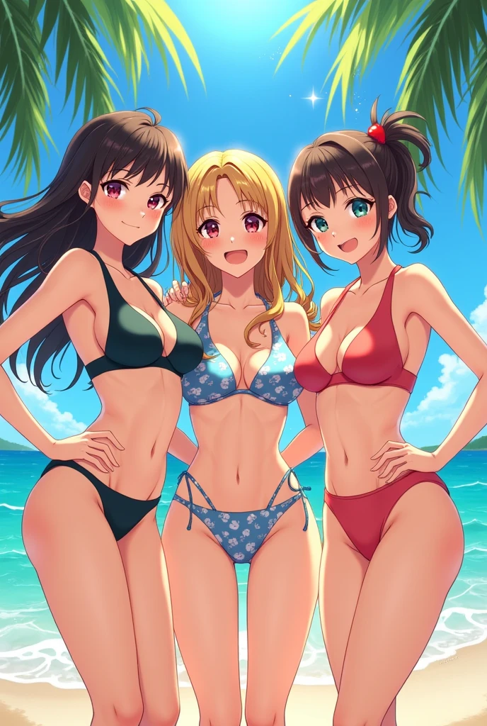 Very detailed, Highest quality, High resolution, Moe Anime, ((Three little girls in bikinis:1.3)), (Black Hair:1.4), (Baby Face), ((round face:1.4)), Cute eyes, Detailed eye depiction, Eyes sparkling, Dark eye color, View your audience, Pale skin, (Big eyes:1.4, Droopy eyes:1.4, Torogao:1.4), At the Beach, blue sky, Focus on the face, Bright Eyes, ((nsfw)), ((Petite)), ((Young)), (Flat Chest:1.4), ((Different braided hairstyles:1.4)), (A big smile:1.4), (From below), ((Different bangs:1.2))