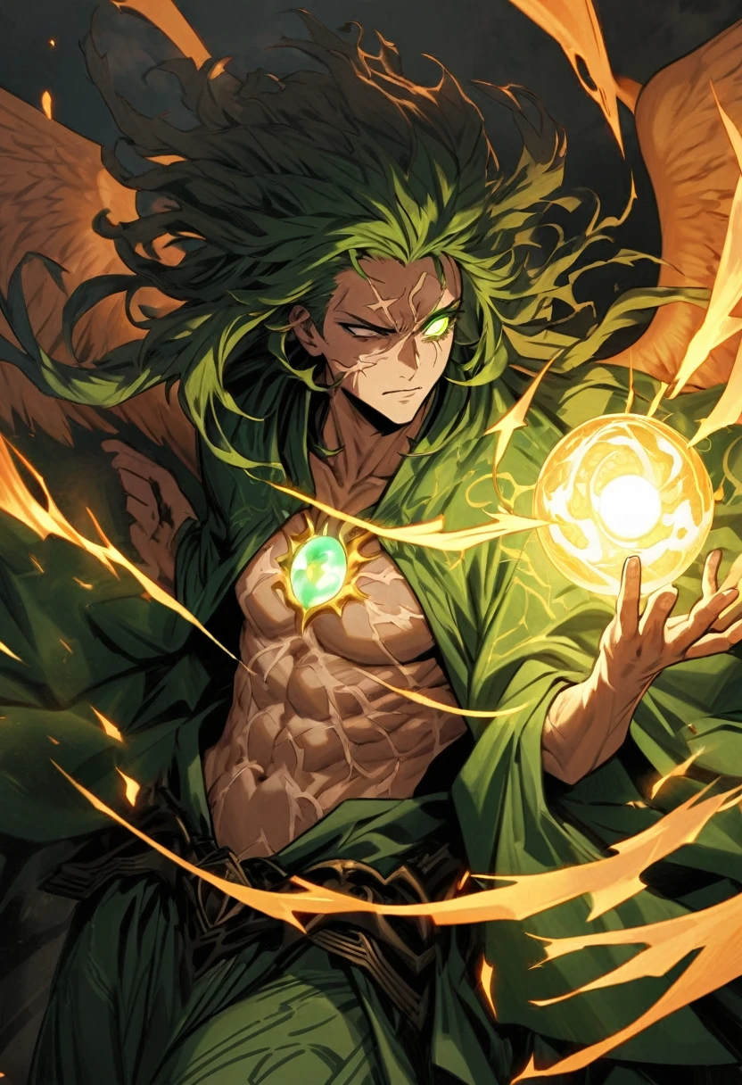 Create a hand-drawn, highly detailed anime-style image of a powerful warrior with long, wild hair. His skin is pale but has noticeable cracks running across his body, giving him a worn, battle-hardened appearance. His hands up to just above his wrists are the color of obsidian, with translucent veins pulsing through them. His right eye is a swirling, electric orb, crackling with energy, while a large scar runs across his abdomen as if something pierced through him.

He is dressed in green robes adorned with a white symbol of a winged serpent on his chest. Surrounding him is an aura of golden flames, burning intensely, as if it radiates raw power. His wings, shaped like those of a condor, are made of crackling electricity. Optionally, there is a majestic Chinese dragon made of wind coiling around him. The background should evoke a sense of stormy chaos, enhancing his commanding and ominous presence.