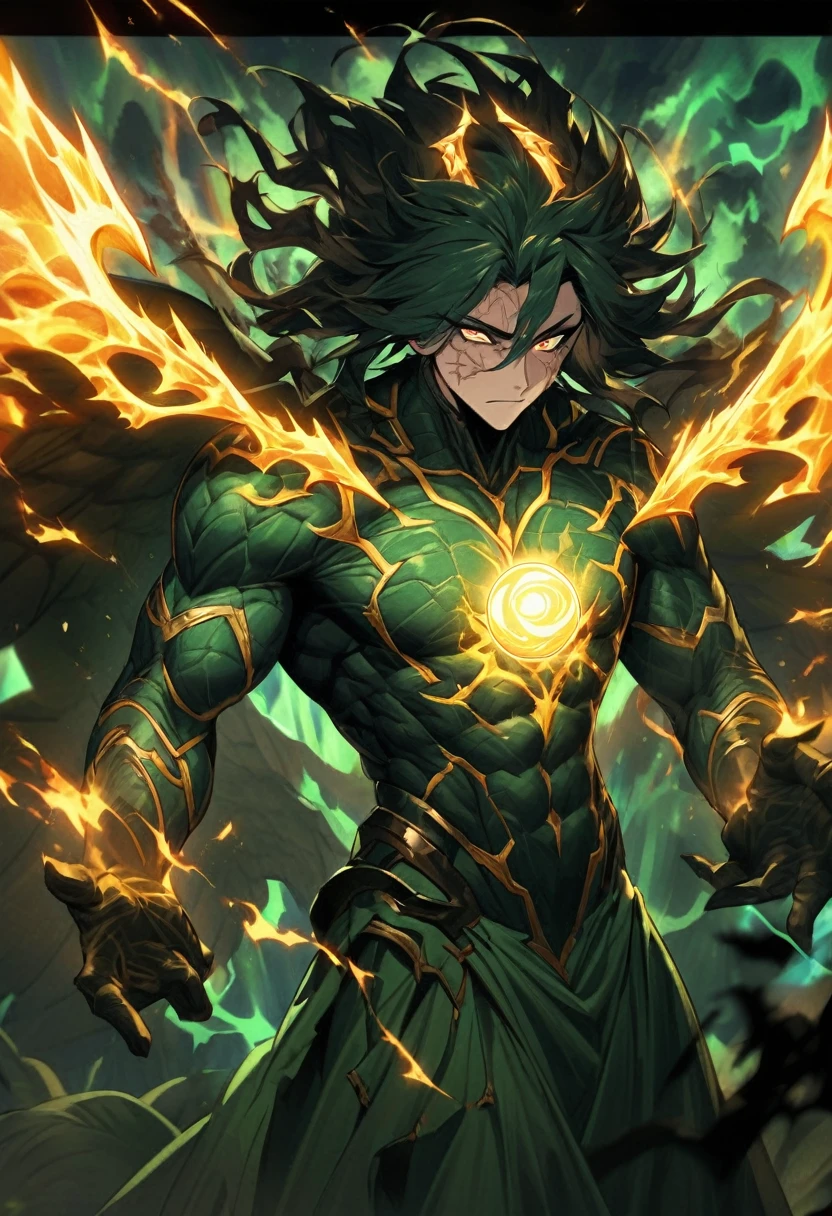 Create a hand-drawn, highly detailed anime-style image of a powerful warrior with long, wild hair. His skin is pale but has noticeable cracks running across his body, giving him a worn, battle-hardened appearance. His hands up to just above his wrists are the color of obsidian, with translucent veins pulsing through them. His right eye is a swirling, electric orb, crackling with energy, while a large scar runs across his abdomen as if something pierced through him.

He is dressed in green robes adorned with a white symbol of a winged serpent on his chest. Surrounding him is an aura of golden flames, burning intensely, as if it radiates raw power. His wings, shaped like those of a condor, are made of crackling electricity. Optionally, there is a majestic Chinese dragon made of wind coiling around him. The background should evoke a sense of stormy chaos, enhancing his commanding and ominous presence.