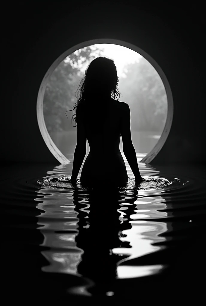 A woman with her back turned sitting in the water, in a misty pond, in a misty pond, nymph in the water, sitting in a pond, in a misty lake, body in water, in a lake, in a pond, naked against the storm, by Eugeniusz Zak, misty mood, beautiful girl