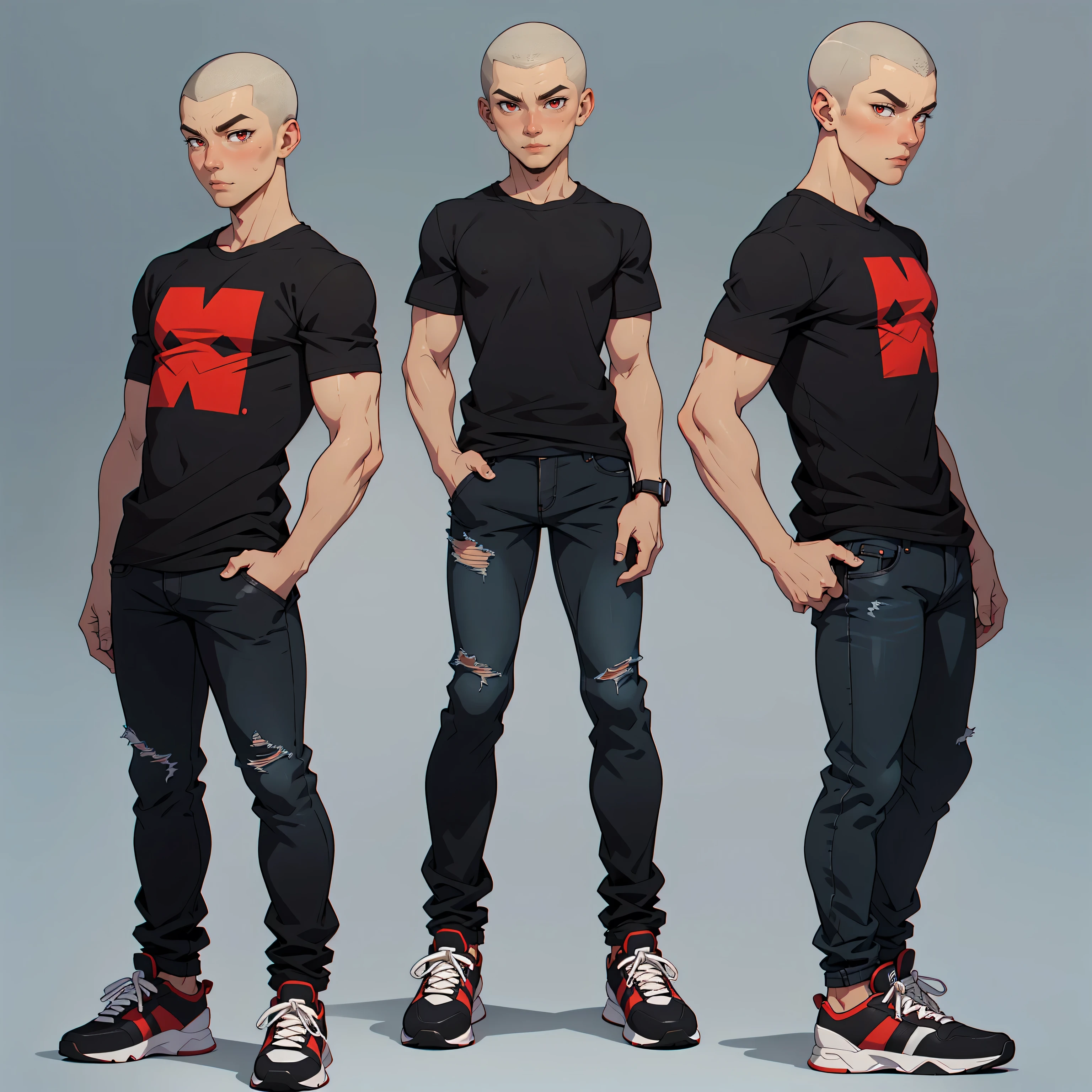 1 boy, very detailed, neutral facial expression, figure, skinny body, tan skin, full body view, buzz cut, red eyes, looking at viewer, full black t-shirt, jean pants, black sneakers, standing pose