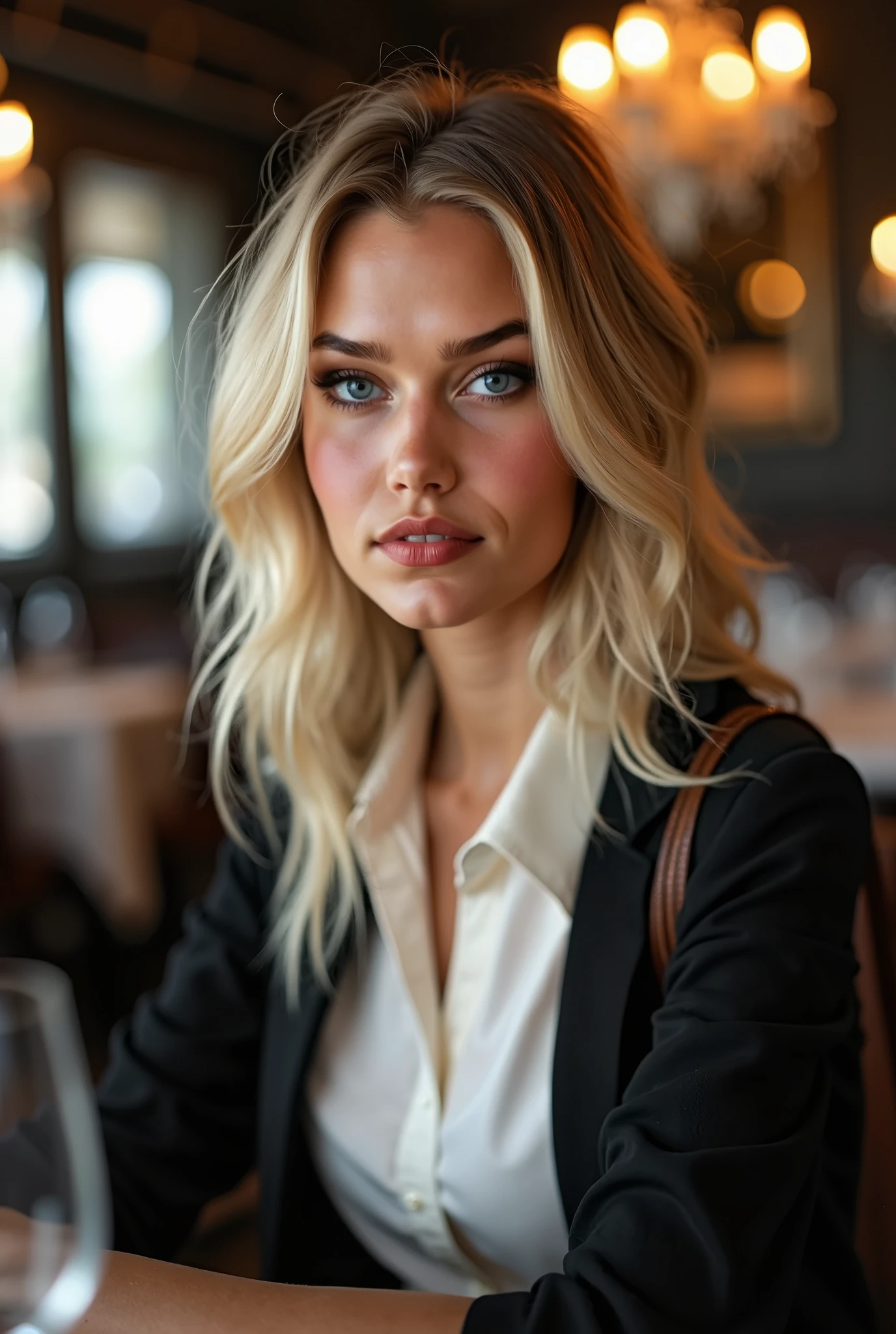 hot muscular woman, blue eyed blonde, light cold weather clothing in a restaurant