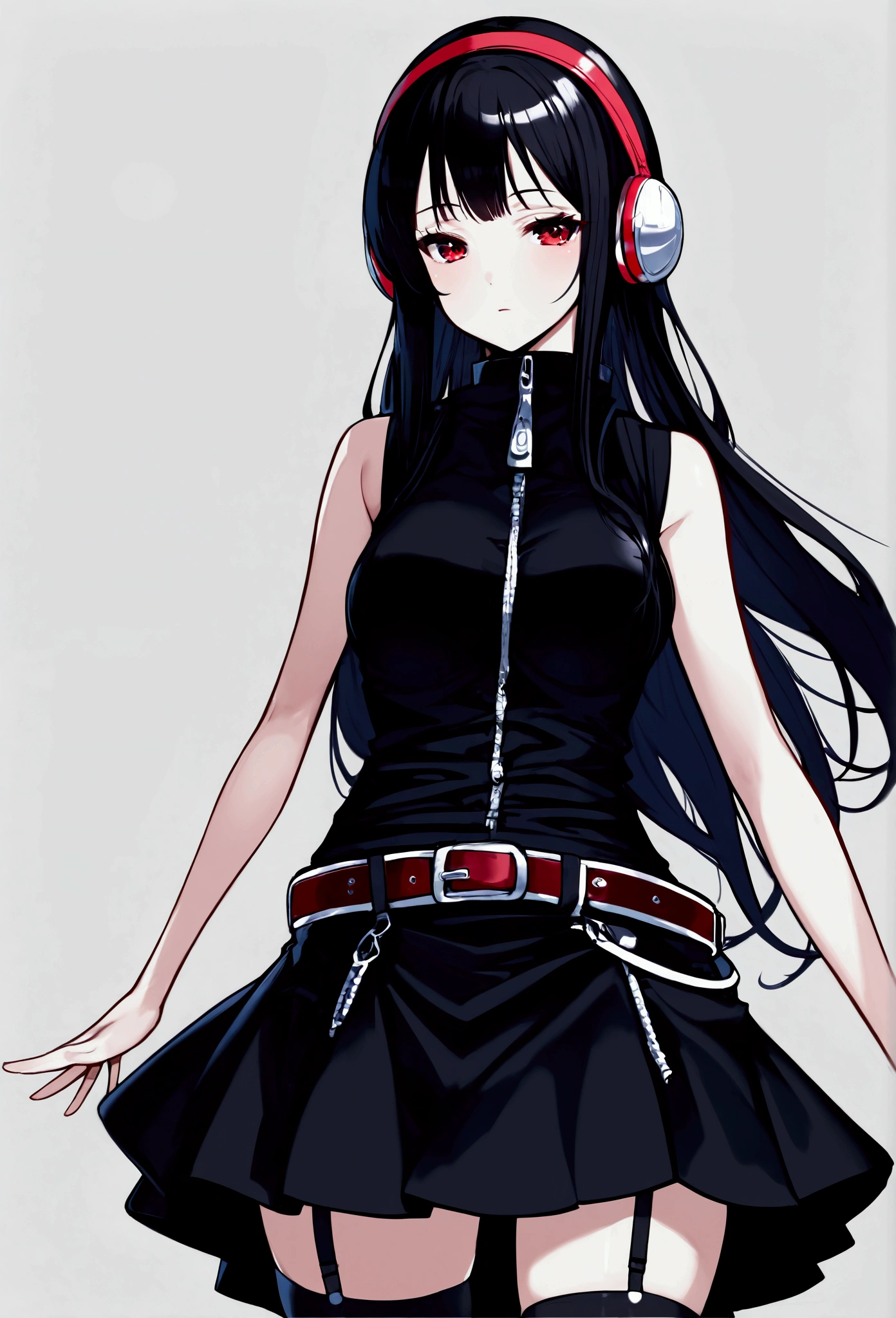 ((masterpiece, best quality)), (perfect anatomy:1.1), perfect shading, 1girl, hinazuki lilina, black hair, red eyes, headphones, black shirt, black skirt, belt, sleeveless, zipper, garter straps, black thighhighs 