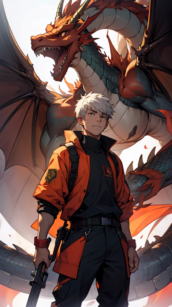 25 years old anime man with white hair, standing at the front of a dragon, hands in pockets,wearing red sleeves, shirt off