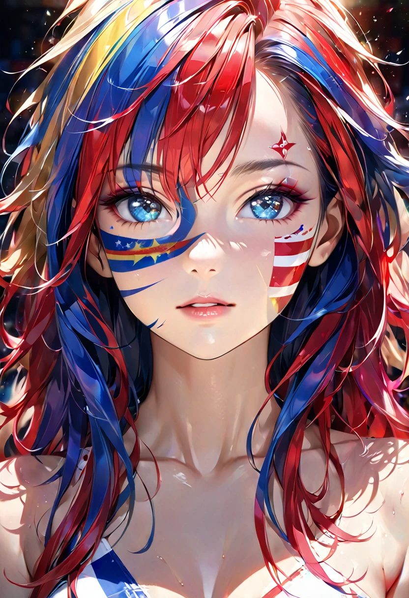 portrait, cool beauty, face painting, for watching sports, striking beautiful eyes, glossy silky messy hair, amorous and lewd expression, perfect proportions, background colorful patchwork reminiscent of national flags, delicate and dynamic textures, contrasts of light and shadow, 2.5D, artistic photography, hyper realistic, digital graphic CG, ultra detailed, absolutely resolution, best quality