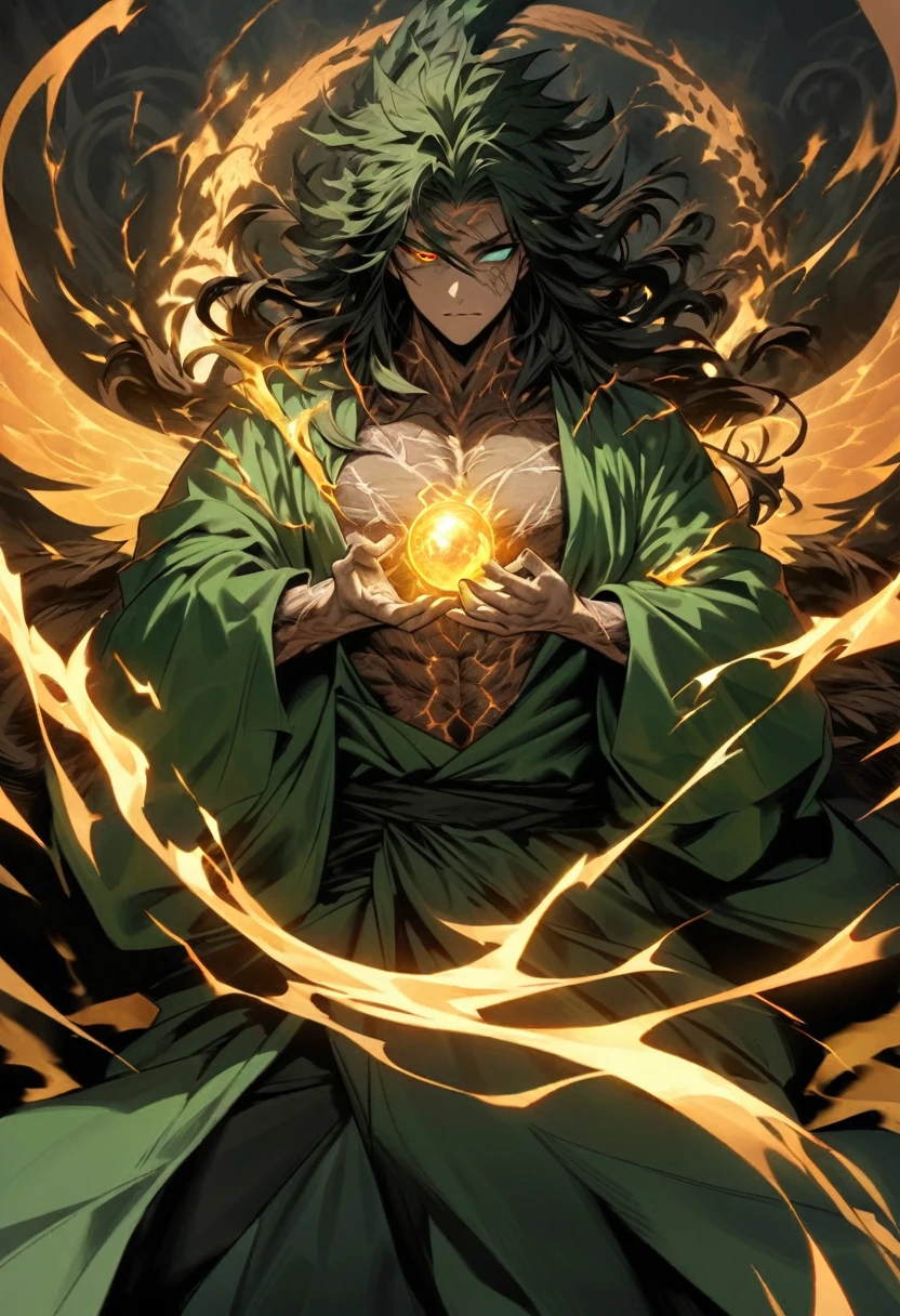 Create a hand-drawn, highly detailed anime-style image of a powerful warrior with long, wild hair. His skin is pale but has noticeable cracks running across his body, giving him a worn, battle-hardened appearance. His hands up to just above his wrists are the color of obsidian, with translucent veins pulsing through them. His right eye is a swirling, electric orb, crackling with energy, while a large scar runs across his abdomen as if something pierced through him.

He is dressed in green robes adorned with a white symbol of a winged serpent on his chest. Surrounding him is an aura of golden flames, burning intensely, as if it radiates raw power. His wings, shaped like those of a condor, are made of crackling electricity. Optionally, there is a majestic Chinese dragon made of wind coiling around him. The background should evoke a sense of stormy chaos, enhancing his commanding and ominous presence.