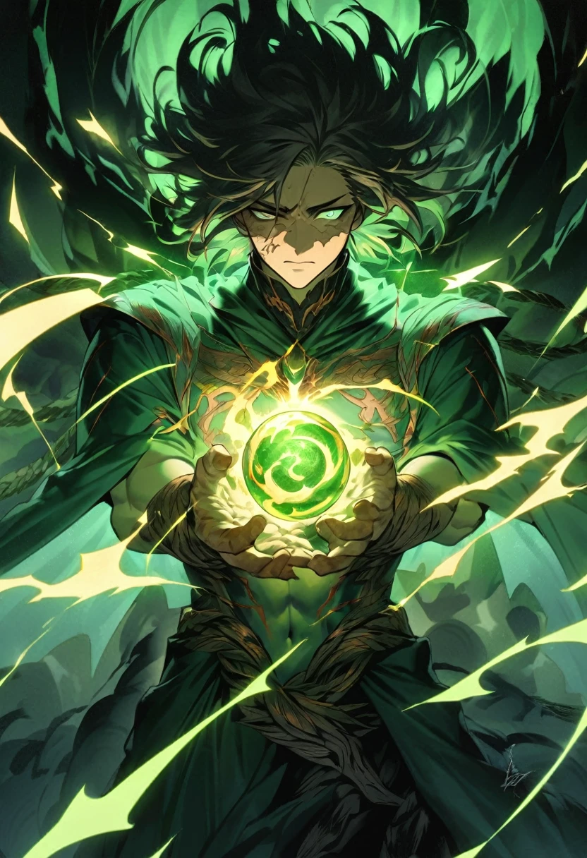 Create a hand-drawn, highly detailed anime-style image of a powerful warrior with long, wild hair. His skin is pale but has noticeable cracks running across his body, giving him a worn, battle-hardened appearance. His hands up to just above his wrists are the color of obsidian, with translucent veins pulsing through them. His right eye is a swirling, electric orb, crackling with energy, while a large scar runs across his abdomen as if something pierced through him.

He is dressed in green robes adorned with a white symbol of a winged serpent on his chest. Surrounding him is an aura of golden flames, burning intensely, as if it radiates raw power. His wings, shaped like those of a condor, are made of crackling electricity. Optionally, there is a majestic Chinese dragon made of wind coiling around him. The background should evoke a sense of stormy chaos, enhancing his commanding and ominous presence.