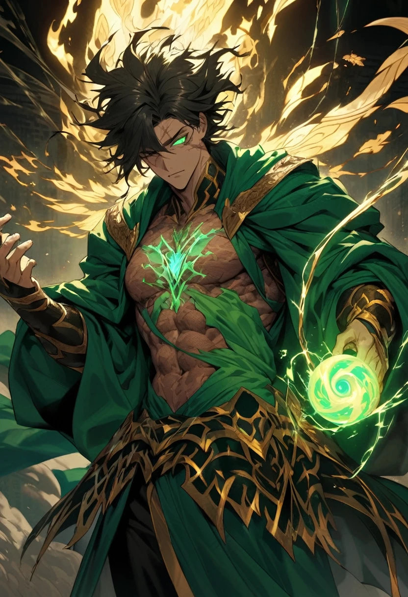 Create a hand-drawn, highly detailed anime-style image of a powerful warrior with long, wild hair. His skin is pale but has noticeable cracks running across his body, giving him a worn, battle-hardened appearance. His hands up to just above his wrists are the color of obsidian, with translucent veins pulsing through them. His right eye is a swirling, electric orb, crackling with energy, while a large scar runs across his abdomen as if something pierced through him.

He is dressed in green robes adorned with a white symbol of a winged serpent on his chest. Surrounding him is an aura of golden flames, burning intensely, as if it radiates raw power. His wings, shaped like those of a condor, are made of crackling electricity. Optionally, there is a majestic Chinese dragon made of wind coiling around him. The background should evoke a sense of stormy chaos, enhancing his commanding and ominous presence.